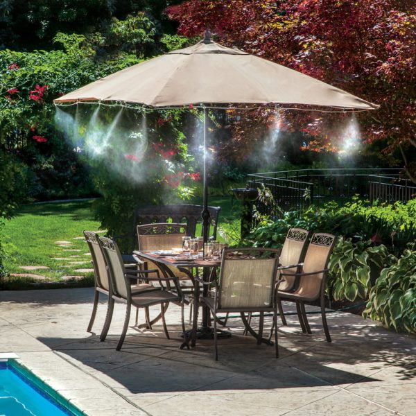 Orbit 20000 Portable Preassembled Mist Cooling Kit installed under pavilion in operation